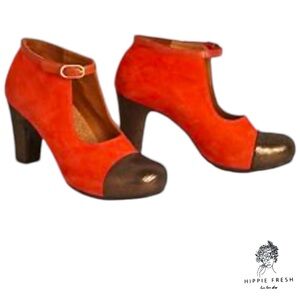 Chie Mahara Tangerine Orange Suede and Gold Pumps EU38/US8